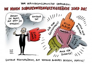 Drohnendebakel: Verteidugungsminister De Maizière sieht bei Euro-Hawk Fehler bei anderen Karikatur Schwarwel