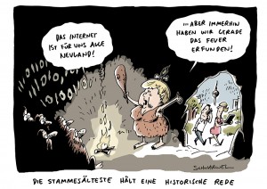Fauxpas bei Obama-Besuch: Merkel bezeichnet Internet Dutzende Jahre nach Einführung als Neuland Karikatur Schwarwel