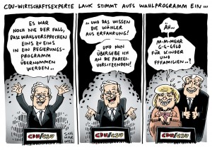 Wahlprogramm: CDU-Wirtschaftsflügel glaubt nicht an Merkels Versprechen Karikatur Schwarwel