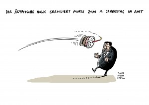 In Ägypten protestieren Menschen ein Jahr nach Amtsübernahme gegen Mursi und dessen Politik Karikatur Schwarwel