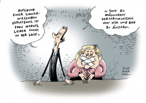 Späh-Affäre: Bundeskanzlerin Merkel schweigt sich über mögliche Zusammenarbeit von NSA und BND aus Karikatur Schwarwel