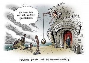 Flüchtlingsdrama: Zustände in Lampedusa menschenunwürdig Karikatur Schwarwel