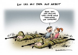 Bundeswehr: von der Leyens Vorschläge zur Vereinbarkeit von Familie und Beruf Karikatur Schwarwel