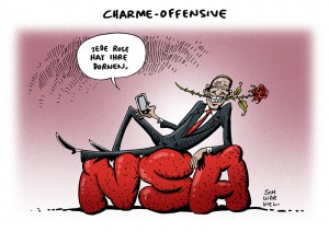 „NSA: Obama verteidigt trotz Charme-Offensive die Methoden seiner Geheimdienste - Karikatur Schwarwel