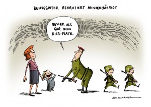 Bundeswehr rekrutiert Minderjährige als Soldaten, 16jährige werden an der Waffe ausgebildet - Karikatur Schwarwel