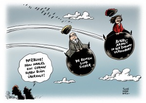Rentenreform: Nahles' Versprechen von der gerechten Rente im Münchhausen-Check - Karikatur Schwarwel