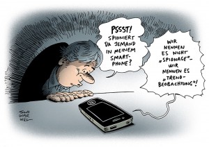 NSA: Spionage auf privaten Smartphones wird als Trendbeobachtung bezeichnet - Karikatur Schwarwel