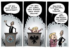 Staatsreden: Obama will soziale Gerechtigkeit, Merkel kritisiert NSA-Spionage - Karikatur Schwarwel