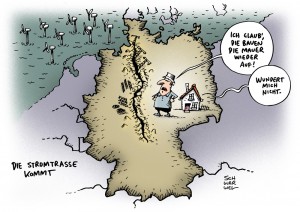 Energiewende: Industrie stellt neue Stromtrasse vor - Karikatur Schwarwel