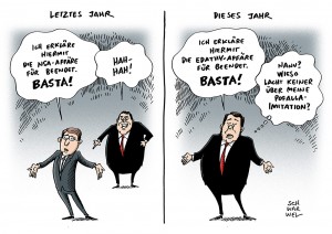 Edathy-Affäre: Gabriel will mit Basta beenden - Karikatur Schwarwel