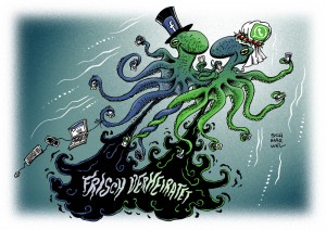 Facebook schluckt Whatsapp: Hochzeit der Datenkraken - Karikatur Schwarwel