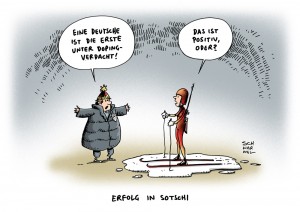 Doping: Deutsche Biathletin Sachenbacher-Stehle erste Doping-Verdächtige in Sotschi mit positiven A- und B-Proben - Karikatur Schwarwel
