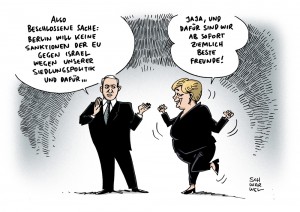 Deutsch-israelische Gespräche: Israels Ministerpräsident lobt Deutschland mit Kalkül - Karikatur Schwarwel