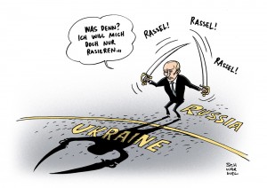 Ukraine: Putin demonstriert Stärke und russische Armee prüft Einsatzbereitschaft - Karikatur Schwarwel