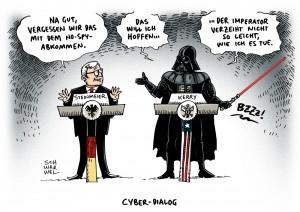 No-Spy: Steinmeier plädiert gegenüber Kerry statt No-Spy für Cyber-Dialog - Karikatur Schwarwel