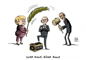 Krim-Krise: USA setzen Sanktionen, Merkel soll verhandeln - Karikatur Schwarwel