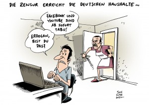 Zensur: Erdogan will Facbook und Youtube sperren, Gül hält dagegen - Karikatur Schwarwel