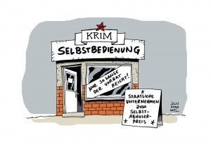 Ukraine: Krim-Führung will nach der Abspaltung von Kiew ukrainische Staatsunternehmen beschlagnahmen - Karikatur Schwarwel