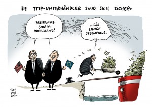 TTIP: Freihandelsabkommen zwischen EU und USA wird hinter verschlossenen Türen verhandelt - Karikatur Schwarwel