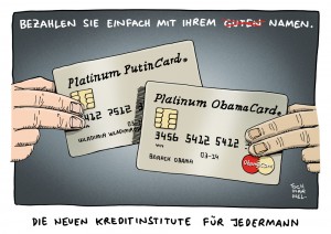 Krim-Krise: Als Reaktion auf Sanktionen kündigt Putin eigenes Kreditinstitut an - Karikatur Schwarwel