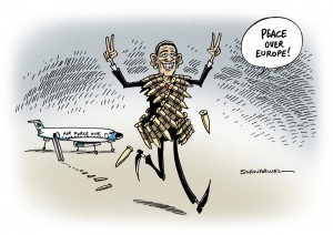 Europa-Reise: Obama bläst zur Aufrüstung - Karikatur Schwarwel