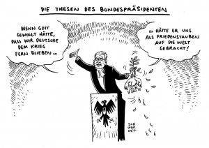 Gauck:  Bundespräsident und ehem. ev.-luth. Pastor spricht sich für Kriegsbeteiligung Deutschlands aus - Karikatur Schwarwel