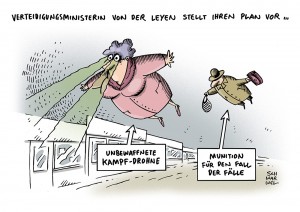 Umstrittene Waffensysteme:  Von der Leyen spricht sich für bewaffnungsfähige Drohnen aus - Karikatur Schwarwel