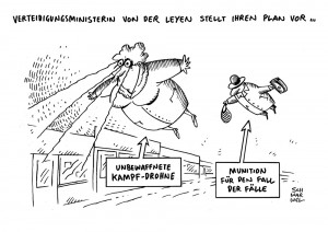 Umstrittene Waffensysteme:  Von der Leyen spricht sich für bewaffnungsfähige Drohnen aus - Karikatur Schwarwel