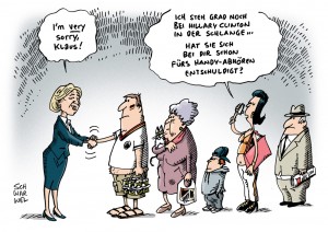 US-Politikerin: Ex-Außenministerin Hillary Clinton entschuldigt sich bei Merkel für Handy-Affäre - Karikatur Schwarwel