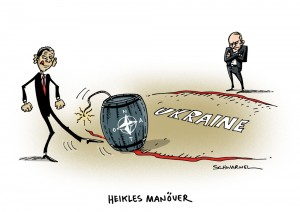 NATO bereitet Manöver in Ukraine vor, Bundeswehr prüft Teilnahme mit Einzelpersonal – Karikatur Schwarwel