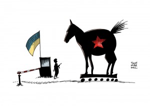 Ukraine: Kiew will russischen Hilfskonvoi nicht ins Land lassen - Karikatur Schwarwel