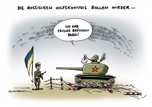 Ostukraine: Ukraine bezichtigt russische Militärs, als Separatisten verkleidet neue Front eröffnet zu haben. Man kämpfe gegen eingerollte Panzer - Karikatur Schwarwel