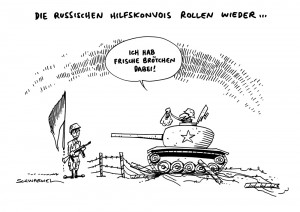 Ostukraine: Ukraine bezichtigt russische Militärs, als Separatisten verkleidet neue Front eröffnet zu haben. Man kämpfe gegen eingerollte Panzer - Karikatur Schwarwel