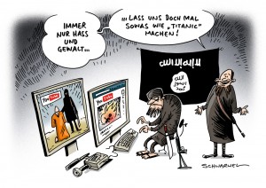 IS-Terror: Verbreitung von Hinrichtungsvideos spielen Terroristen in die Hände - Karikatur Schwarwel