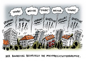 Mietpreisbremse: Bundestag billigt weitgehend wirkungsloses Gesetz, weil es nicht überall gelten wird - Karikatur Schwarwel