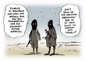 Zahl der Toten vervielfacht: Deutsche IS-Kämpfer werden zu Kanonenfutter - Karikatur Schwarwel