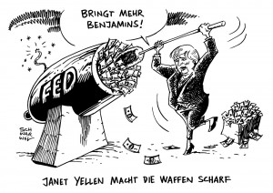 FED: Durch Gangart von Janet Yellen droht Währungskrieg - Karikatur Schwarwel