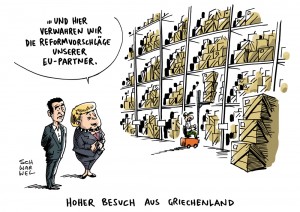 Reformvorschläge: Tsipras auf Besuch bei Merkel - Karikatur Schwarwel