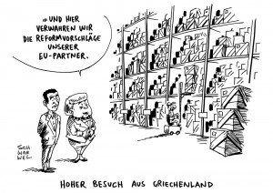 Reformvorschläge: Tsipras auf Besuch bei Merkel - Karikatur Schwarwel