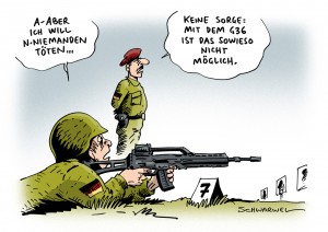 Bundeswehr-Gewehr: Tests bestätigen Präzisions-Mängel an G36 – Karikatur Schwarwel