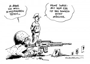 Bundeswehr-Gewehr: Tests bestätigen Präzisions-Mängel an G36 – Karikatur Schwarwel