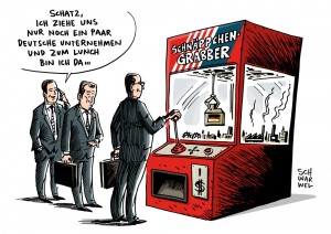 Dollarkurs: Amerikanische Firmen kaufen verstärkt europäische Unternehmen - Karikatur Schwarwel