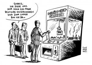 Dollarkurs: Amerikanische Firmen kaufen verstärkt europäische Unternehmen - Karikatur Schwarwel
