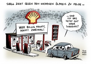 Shell: Fusion mit Gasriesen BG Group im Kampf gegen Billigöl - Karikatur Schwarwel