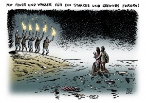 Flüchtlinge: Europa und seine Zuwanderungspolitik im Kreuzfeuer - Karikatur Schwarwel
