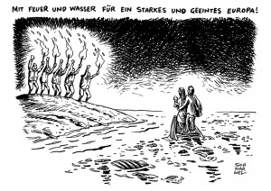 Flüchtlinge: Europa und seine Zuwanderungspolitik im Kreuzfeuer - Karikatur Schwarwel