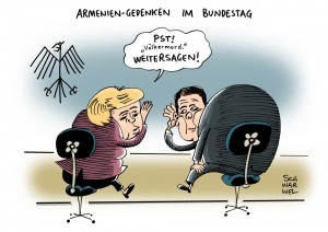 Armenien: Bundestag und Merkel erwägen trotz Rücksicht auf Türkei die Erwähnung des Wortes „Völkermord“ in Gedenkrede - Karikatur Schwarwel