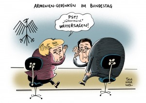 Armenien: Bundestag und Merkel erwägen trotz Rücksicht auf Türkei die Erwähnung des Wortes „Völkermord“ in Gedenkrede - Karikatur Schwarwel