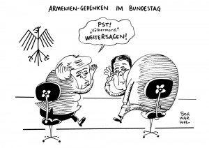 Armenien: Bundestag und Merkel erwägen trotz Rücksicht auf Türkei die Erwähnung des Wortes „Völkermord“ in Gedenkrede - Karikatur Schwarwel