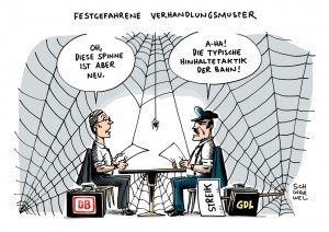 Tarifstreit: Lokführer streiken wieder - Bahn arbeitet an Ersatzfahrplan - Karikatur Schwarwel